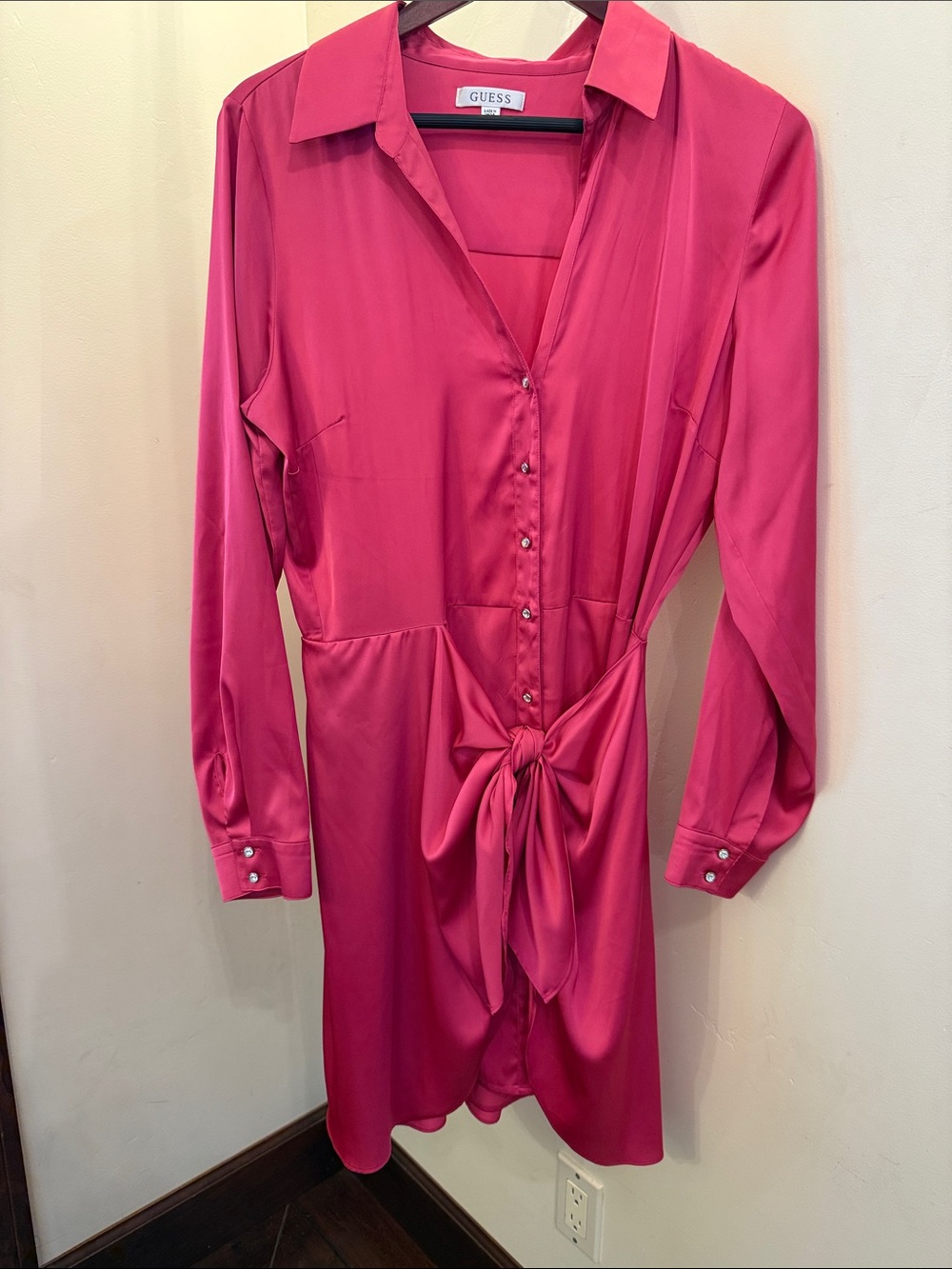 GUESS Hot Pink Long-Sleeve Tie-Front Shirt Dress